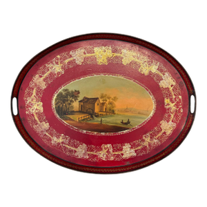 19th Century French Tole Tray With Hand-Painted Harbor Scene