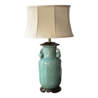 Vintage Chinese Crackle Pottery Celadon Green Urn Shaped Lamp For Sale