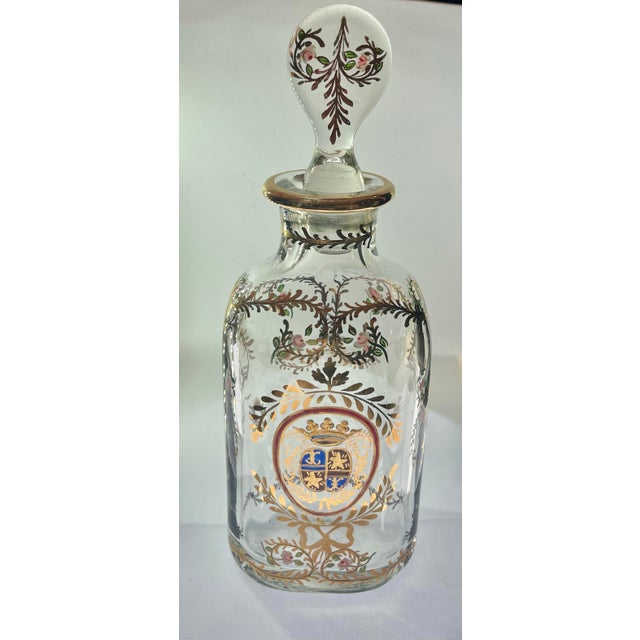 Glass Crystal Perfume Bottle With Its Flower Stopper and Heraldic Coat of Arms 1850 France For Sale - Image 7 of 12