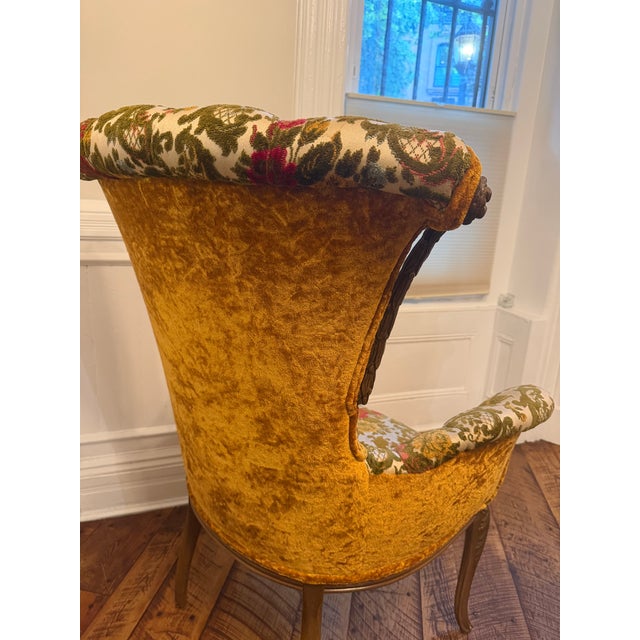 Beautiful pair of vintage French Provincial two-toned wingback armchairs with raised floral tapestry in olive green, rose...