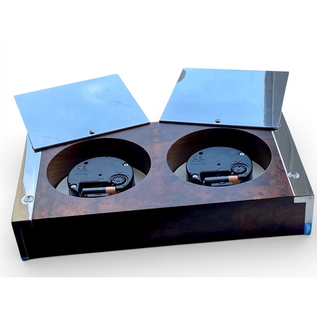 Linley Walnut Burl and Chrome Dual-Time Desk Clock, 2005 For Sale - Image 14 of 18