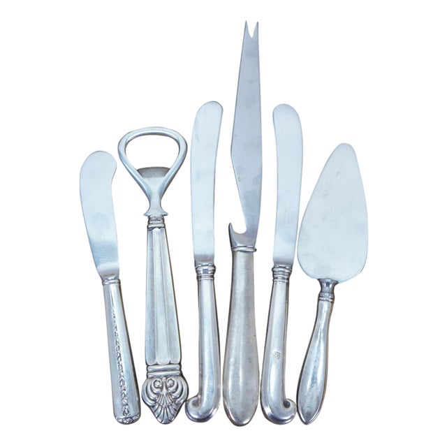 Mid 20th Century 6 Pc Assorted Sterling Handle Utensils Spreaders Cheese Knife Bottle Opener For Sale
