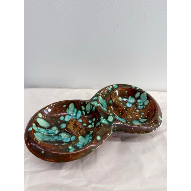 Mid-Century Modern Vintage Mid-Century Brown & Aqua Double Bowl Ceramic Ashtray For Sale - Image 3 of 7