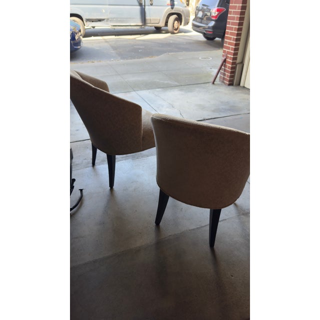 2000 - 2009 Pair of Donghia Shadow Arm Chairs Upholstered Fabric in Neutral Tan/Gold Subtle Leaf Pattern For Sale - Image 5 of 6
