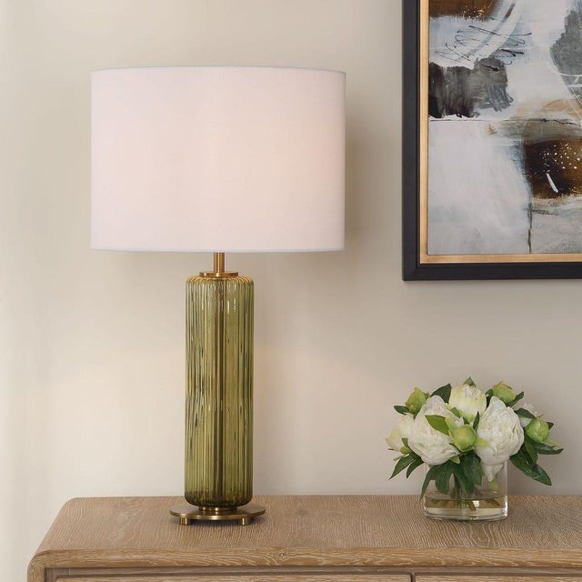 Dark Green Green Glass/Brass Table Lamp With Shade For Sale - Image 8 of 8
