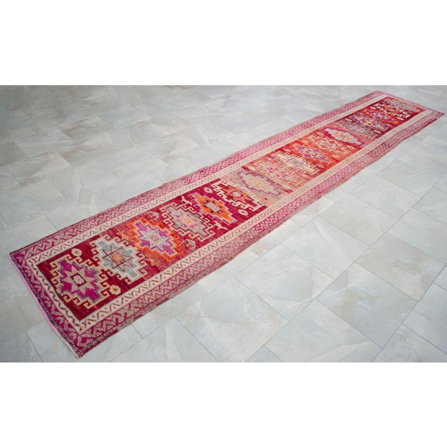 Raspberry Red Hand-Knotted Kurdish Runner Rug . Tribal Long Runner Rug - 2′10″ × 14′5″ For Sale - Image 8 of 14