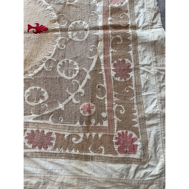 Mid-Century Modern Suzani Tablecloth - Neutral Tan Uzbek Tablecloth 5'6'' X 4'6'' For Sale - Image 3 of 9