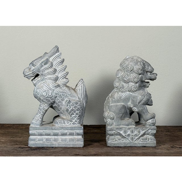Chinese Stone Guardian Lions Foo Dogs Temple Sculptures - A Pair For Sale In Providence - Image 6 of 9