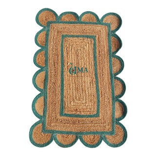 Green Outlined Scalloped Jute Doormat For Sale