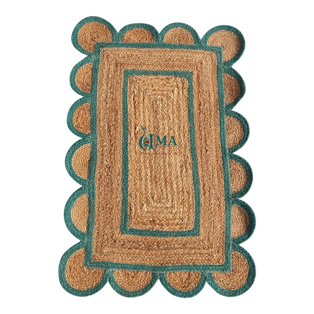 Green Outlined Scalloped Jute Doormat For Sale
