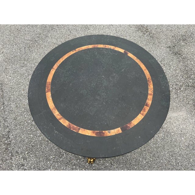 Tortoise stone & shell Neoclassical style side table by Maitland Smith. Solid brass feet faux metal bamboo base. Zakia