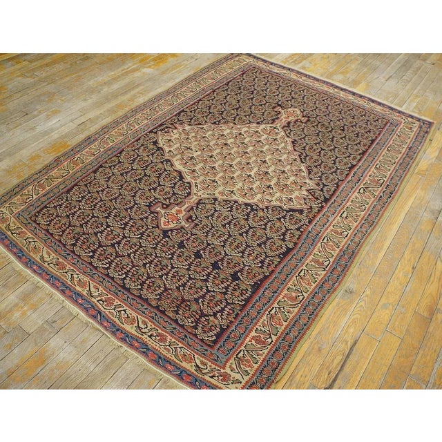 Textile 1880s Navy Paisley Medallion Antique W. Persian Senneh Kilim 4'3" X 5'10" Knotted Wool Carpet Rug For Sale - Image 7 of 12