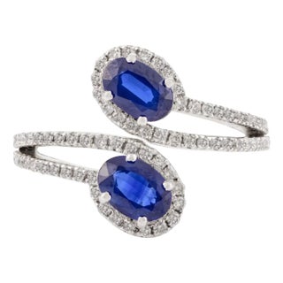 14k Gold Blue Sapphire & Diamond Bypass Wedding Ring for Her Size 7 For Sale