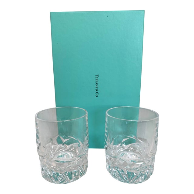 1980s Tiffany Rock Cut Crystal Double Old Fashioned Glasses Set of 2 w/box For Sale