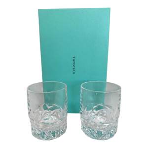 1980s Tiffany Rock Cut Crystal Double Old Fashioned Glasses Set of 2 w/box