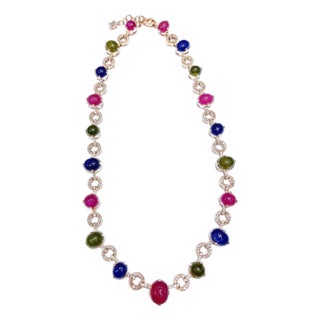 Bochic “Capri” Vintage Ruby & Multi Color Sapphire Necklace In 18K Gold & Silver For Sale