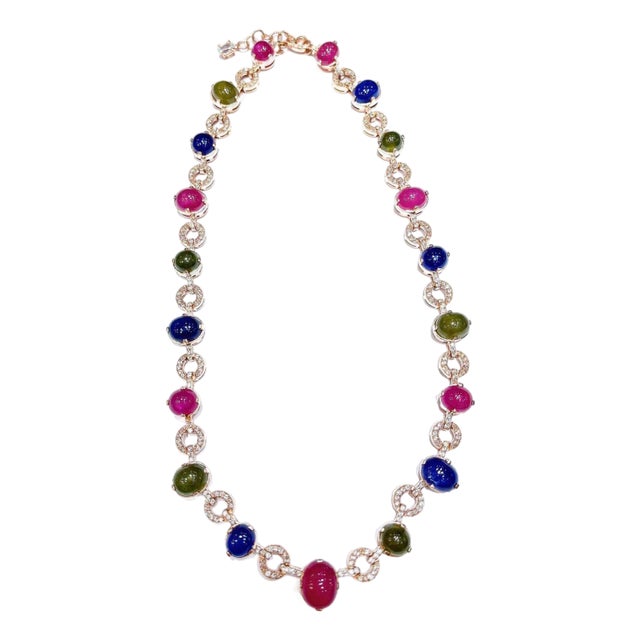 Bochic “Capri” Vintage Ruby & Multi Color Sapphire Necklace In 18K Gold & Silver For Sale