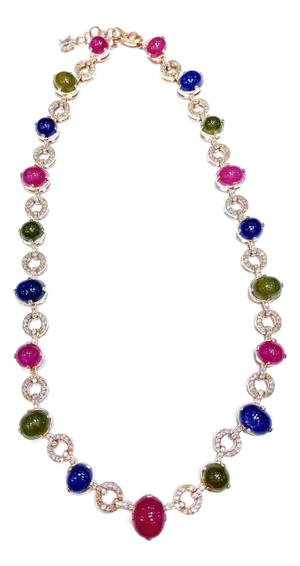 Bochic “Capri” Vintage Ruby & Multi Color Sapphire Necklace In 18K Gold & Silver