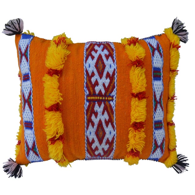 One-of-a-kind vintage Moroccan pillow handwoven by the Berbers of the High Atlas Mountains. Featuring ornate stripes and X...