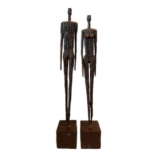 1980s Abstract Metal Nail Brutalist Male Female Figure Sculpture Set Alberto Giacometti Style For Sale