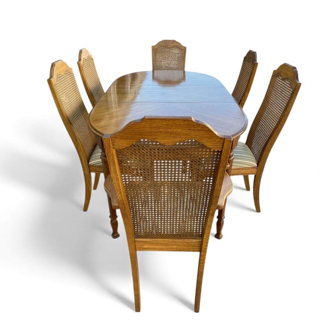 Late 20th Century Oak and Cane Dining Set With Oval Extending Table and Six Chairs For Sale - Image 13 of 13