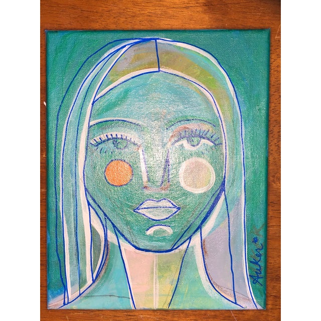 2020s “Miss C in Aqua”, Original Small Painting on Canvas by Cassandra Auker For Sale - Image 5 of 8
