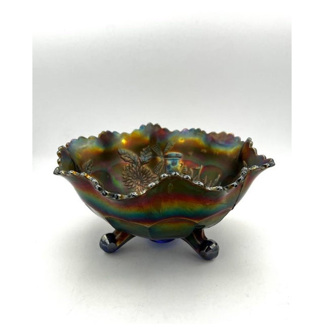 This vintage Fenton blue carnival glass bowl features a Chrysanthemum & Windmills pattern, making it a unique and...