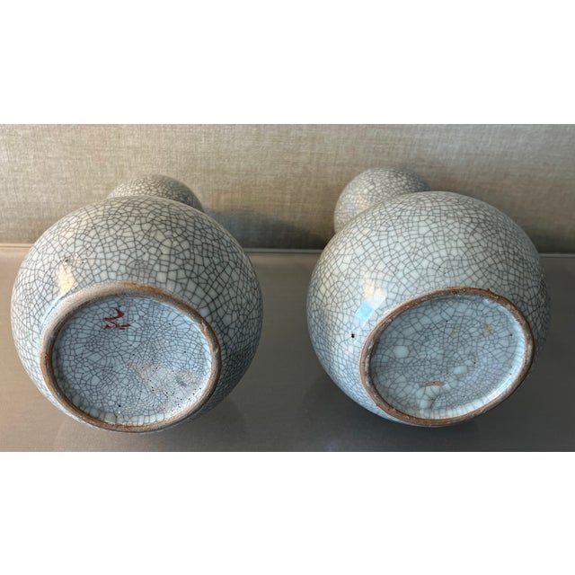 Vintage Japanese Raku Crackle Glaze Studio Art Pottery Showa Period Gourd Shape Vases - A Pair For Sale - Image 12 of 17