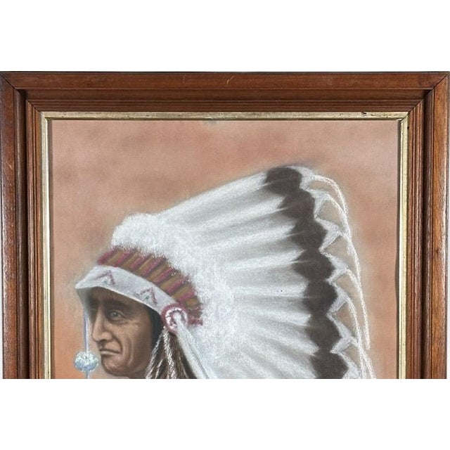 Realism Original Vintage 1978 Western Fine Art Native American Indian Chief Red Cloud Framed Pastel Portrait Drawing For Sale - Image 3 of 9