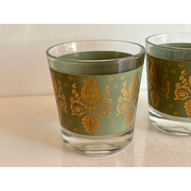 Traditional 1950s Midcentury Laurel & Lyre Green and Gold Barware Rocks Glasses, Set of 2 For Sale - Image 3 of 7