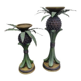 Palm Beach Regency Tole Pineapple Resin Metal Leaf Candle Pillar Holder- a Pair For Sale