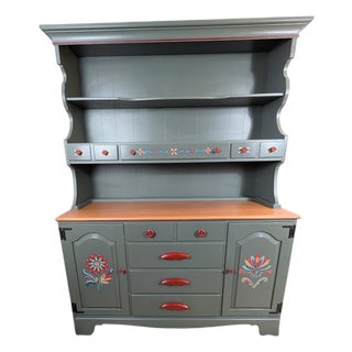 Hand Painted Vintage 1970s St. John’s Table Co. Hand-Painted Green China Hutch | One-of-a-Kind Art Furniture For Sale