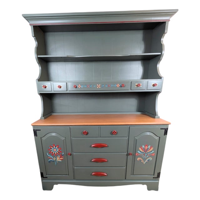 Hand Painted Vintage 1970s St. John’s Table Co. Hand-Painted Green China Hutch | One-of-a-Kind Art Furniture For Sale
