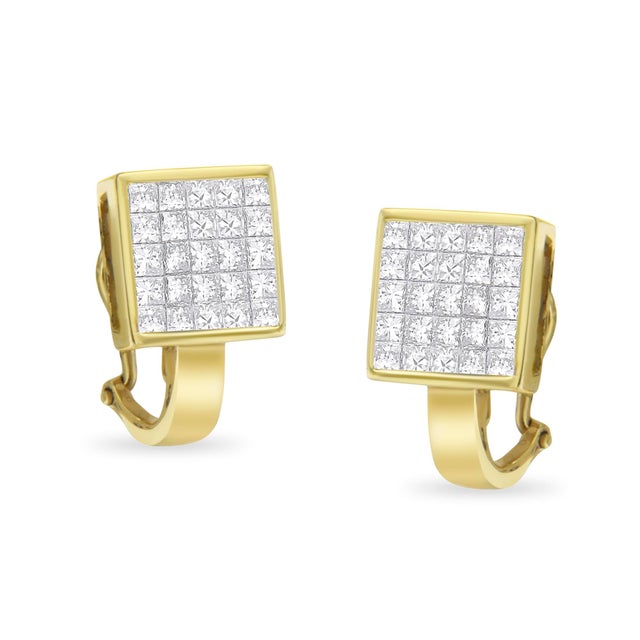 Contemporary 14K Yellow Gold 3-1/5 Cttw Princess Cut Diamond Â¾ Square Invisible Set Grid Huggy Style Omega Back Stud Earrings - 2 Pieces For Sale - Image 3 of 6