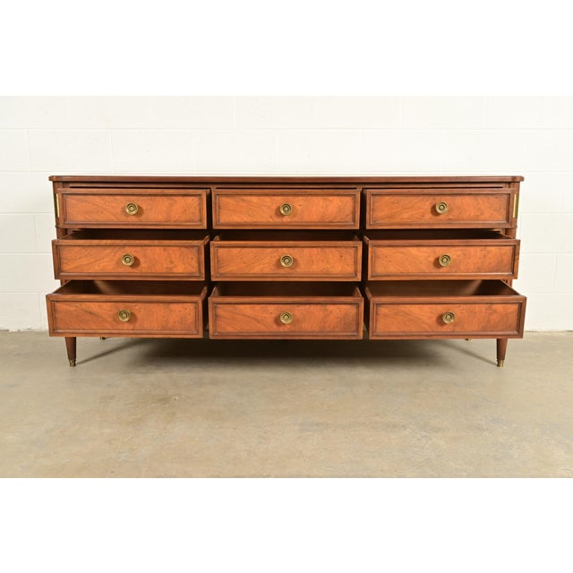 1960s Baker Furniture French Regency Louis XVI Burled Walnut Triple Dresser or Credenza, Circa 1960s For Sale - Image 5 of 15