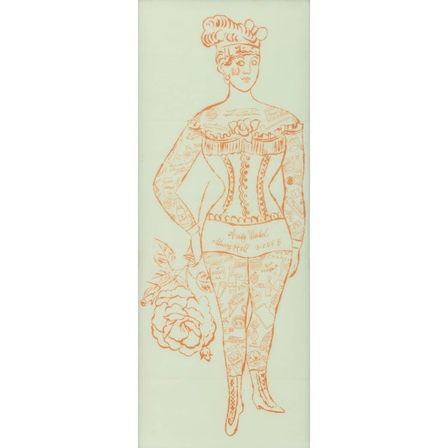Andy Warhol (American, 1928-1987), "Tattooed Woman Holding a Rose", Offset Lithograph in Orange on Pale Green Plover Onion...