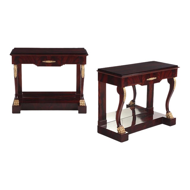 A Pair of Custom Empire Style Crotch Mahogany Console Tables. For Sale