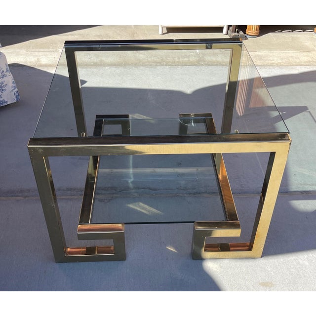 1970s Brass Greek Key Glass Top End Table Chairish