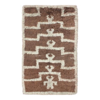 Vintage Mid-Century Modern Turkish Tulu With Tribal Pattern in Ice Blue and Brown Rug For Sale