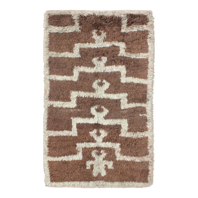 Vintage Mid-Century Modern Turkish Tulu With Tribal Pattern in Ice Blue and Brown Rug For Sale