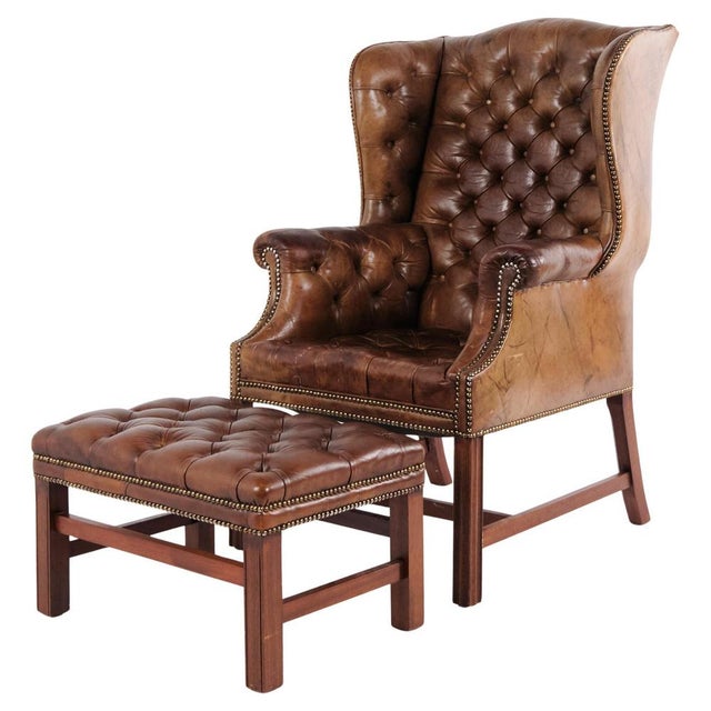 Set of George III Style Wingback Armchair and Ottoman in Brown Leather, 1890s For Sale - Image 15 of 15