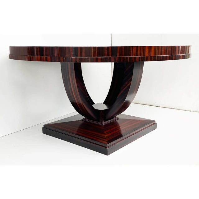 Late 20th Century Art Deco Macassar Ebony Round Dining Center Table, Veneered Wood For Sale - Image 4 of 8
