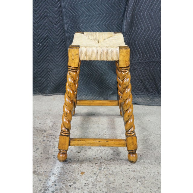 2 Vintage Spanish Revival Country French Barley Twist Stools Rush Saddle Seats For Sale - Image 12 of 17
