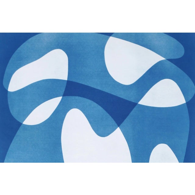 Abstract 2024 / Abstract Mid-Century Floating Shapes in White and Blue, Handmade Cyanotype on Watercolor Paper For Sale - Image 3 of 7