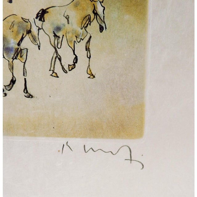 Late 20th century aquatint etching on handmade paper of horses in shades of umber and gray by Kaiko Moti (1921 - 1989)...