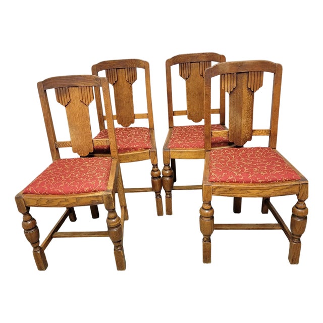 Set of 4 Antique English Oak Dining Chairs With Geometric Backs, Circa 1920s For Sale