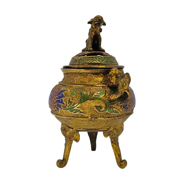 Mid-20th Century Japanese Champlevé Enamel Tripod Koro With Shishi Finial For Sale - Image 12 of 13