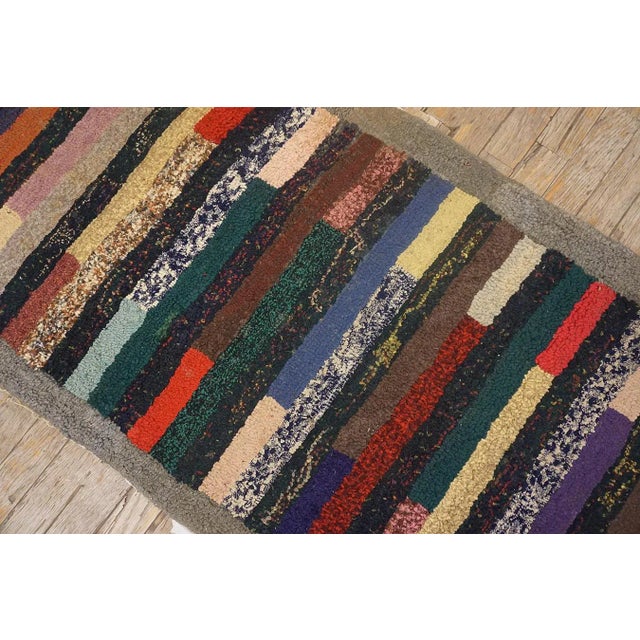 American 1950s Vintage American Hooked Multicolor Stripe Folk Art Small Wool Rug For Sale - Image 3 of 14