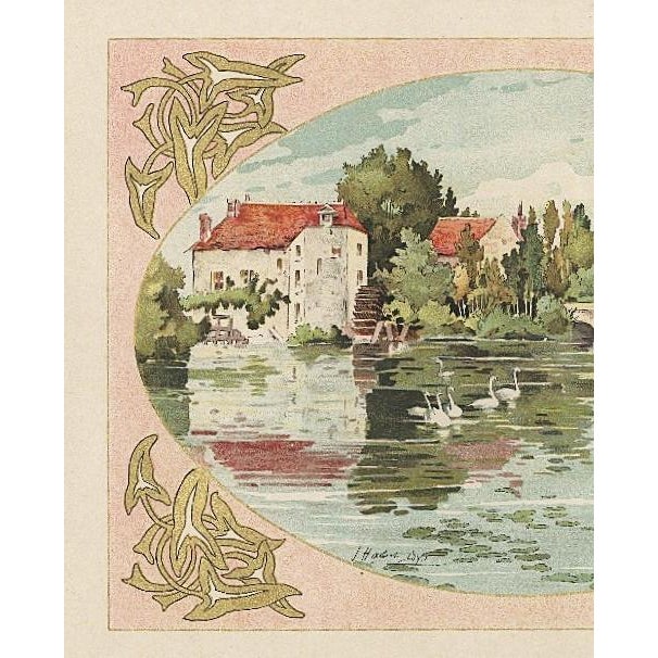 This is a Beaux Arts, Art Nouveau c1900 decorative pastoral water landscape chromolithograph by the famed French designer...