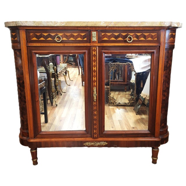 French Antique French Louis XVI Inlaid Marble Top & Mirror Door Cabinet Buffet Chest For Sale - Image 3 of 16